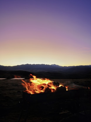 a campfire in the middle of a field with mountains in the background