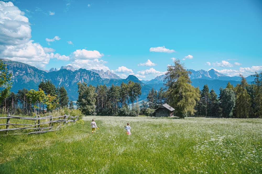 two children are playing in a field with mountains in the background