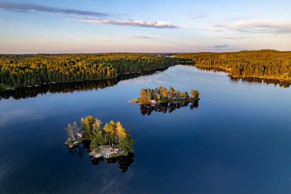 an aerial view of a lake surrounded by trees