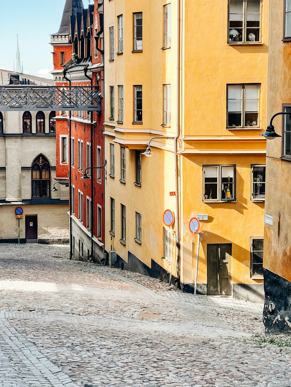 a cobblestone street in a european city