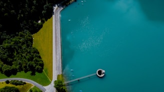 Aerial view of a large body of turquoise water adjacent to a forest on the left. A straight line of a road separates the green forest from a well-maintained grassy area, leading to a round structure on the water resembling a valve or spillway.