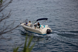 a group of people riding on the back of a boat