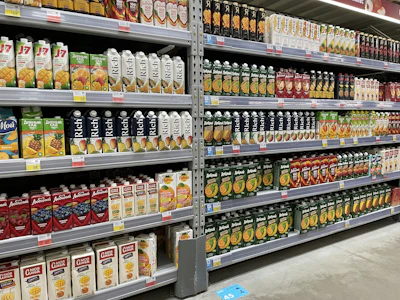Close-up of premium canned fruit juices neatly arranged on shelves with vibrant labels.