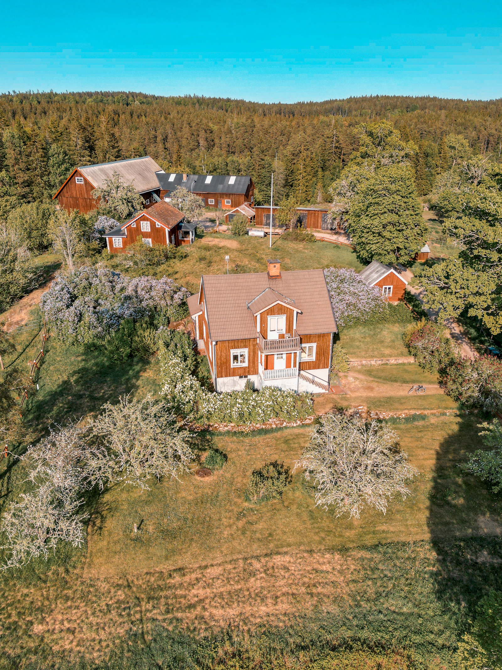 Flygbild över villa omgiven av träd