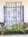 An ornate metal gate with decorative scrollwork is mounted in front of a window. Behind the gate, the window has vertical blinds partially drawn. Below the window, there is a lush, well-maintained shrubbery with green leaves and a few small red flowers, growing alongside a concrete walkway.