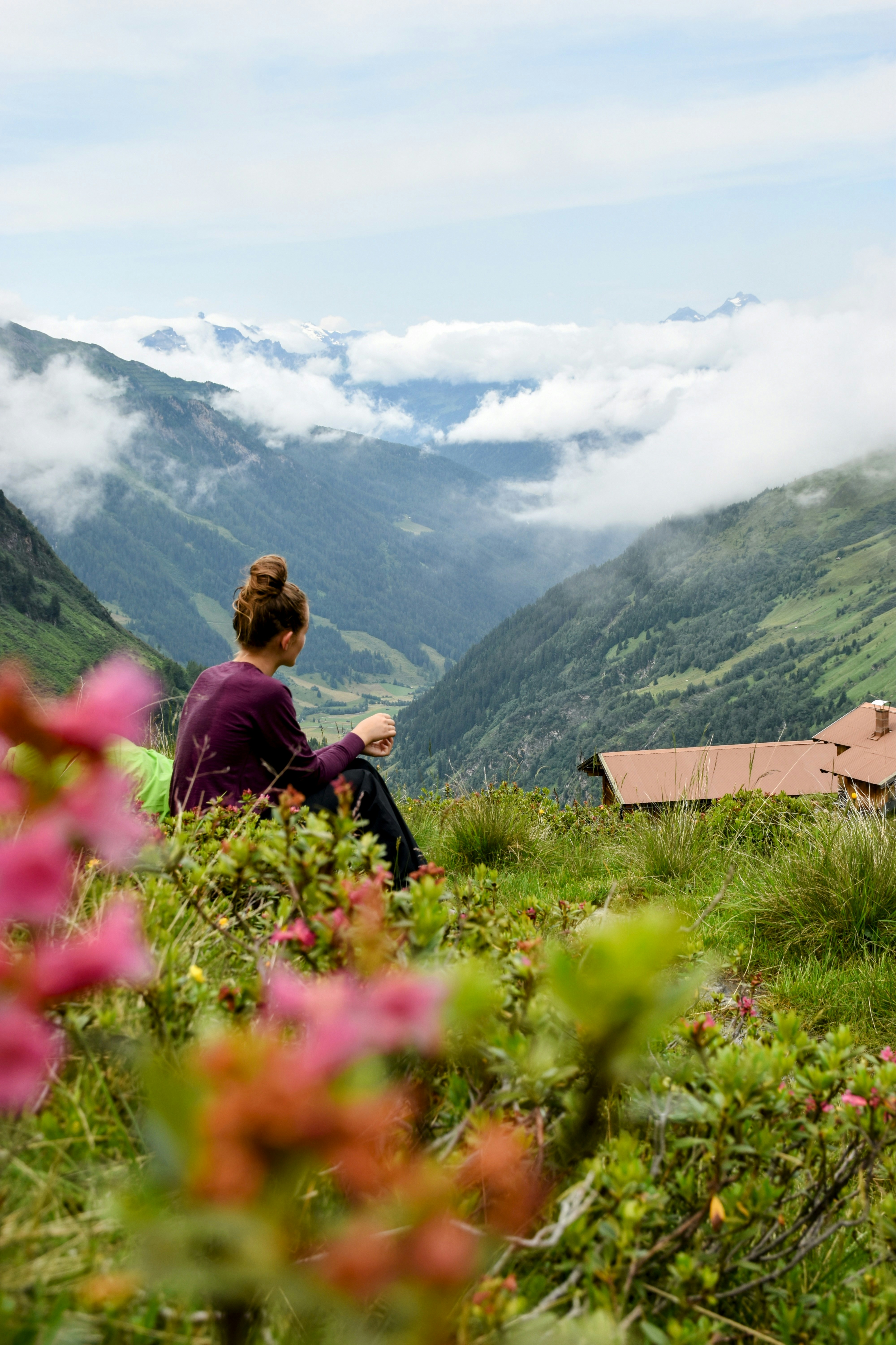 a woman sitting on top of a lush green hillside
