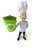 A cartoon chef wearing a white uniform and tall chef's hat is smiling and holding a green trash can with a recycling symbol on it. The chef is animated and appears cheerful, suggesting an encouragement towards recycling.