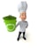 A cartoon chef wearing a white uniform and tall chef's hat is smiling and holding a green trash can with a recycling symbol on it. The chef is animated and appears cheerful, suggesting an encouragement towards recycling.