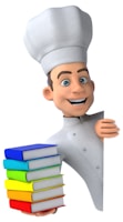 A cartoon chef character is smiling and partially hiding behind a object while holding a stack of colorful books. The chef is wearing a traditional white chef's hat and uniform.