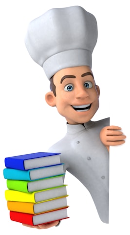 A cartoon chef character is smiling and partially hiding behind a object while holding a stack of colorful books. The chef is wearing a traditional white chef's hat and uniform.