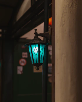 A modern wall-mounted outdoor lantern glowing beside a front door framed by greenery.