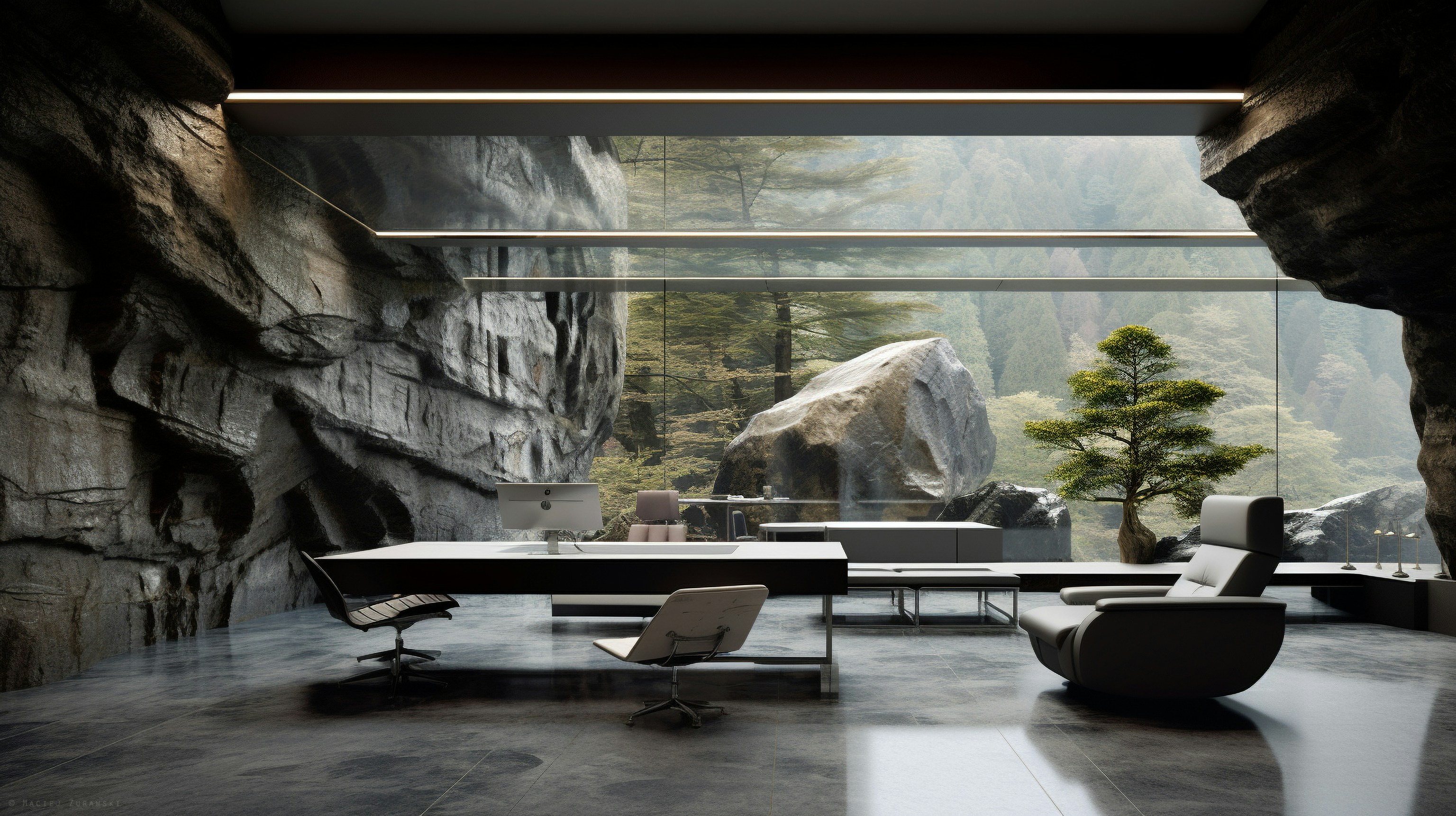 uma sala com mesa, cadeiras e uma árvore