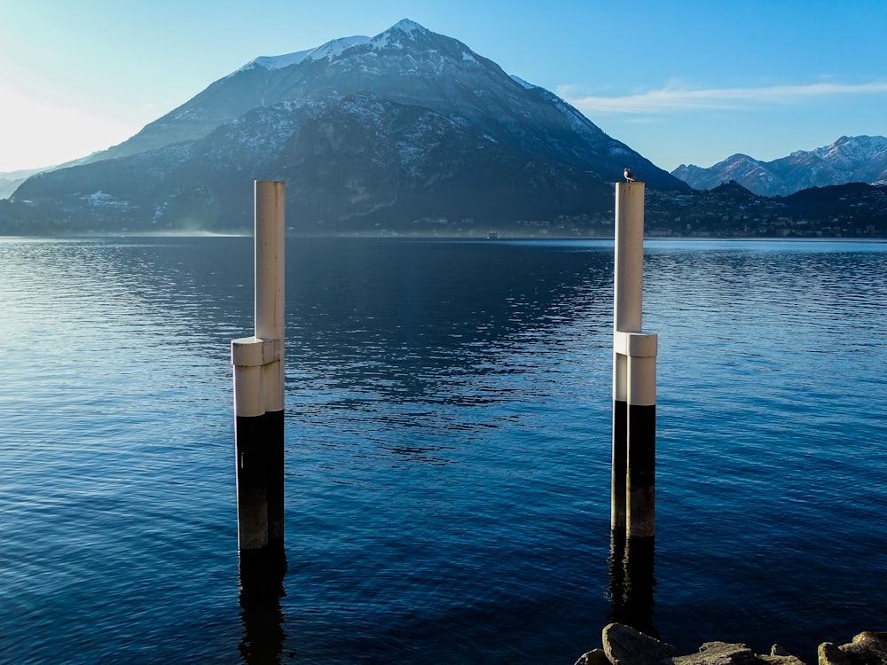 two poles sticking out of the water in front of a mountain