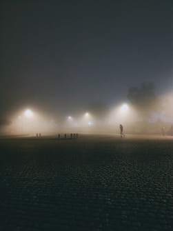 A foggy, dimly lit street scene with cobblestones covering the ground. Streetlights emit a soft glow, partially illuminating the misty atmosphere. A solitary figure is walking in the distance, enhancing the sense of isolation. Trees and other indistinct shapes are slightly visible through the mist.