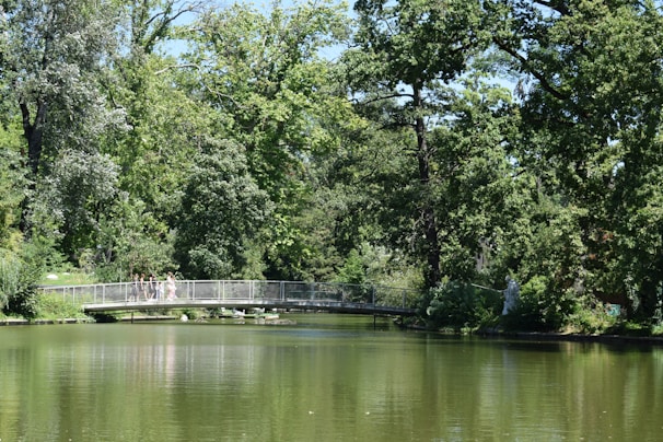Visitors enjoying a peaceful walk along a wooden bridge over a calm river in Purwakarta's natural park.