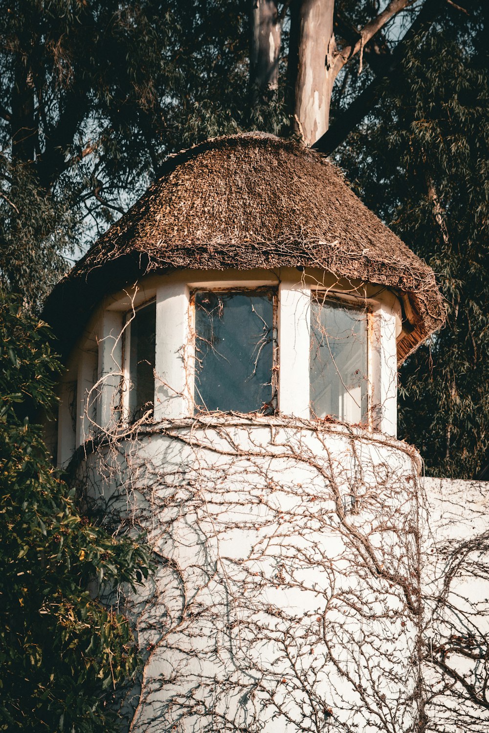 a white building with a thatched roof and a window