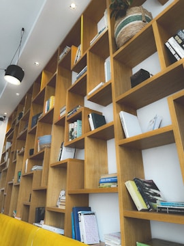 A wooden bookshelf spans an entire wall, filled with various books and scattered decorative items. Some of the shelves hold plants and woven baskets, while books of different sizes and colors are arranged both vertically and horizontally. The shelves create an intricate geometric pattern, with some sections empty or sparsely filled. Overhead lighting adds illumination to the scene.