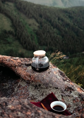 A glass coffee pot filled with dark coffee sits on a rocky surface, surrounded by natural vegetation. In the foreground, a small cup of coffee rests on a red cloth, complementing the earthy tones of the surroundings. The background features a lush, green forested landscape extending into the distance, suggesting a mountainous area.