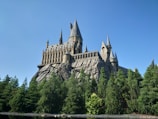 A grand castle sits majestically atop a rocky hill, surrounded by lush green trees under a clear blue sky. The castle displays a series of tall spires, turrets, and intricate architectural details, indicative of a medieval style.
