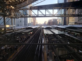 Wide shot of multiple terminal platforms lined up in a busy urban area.