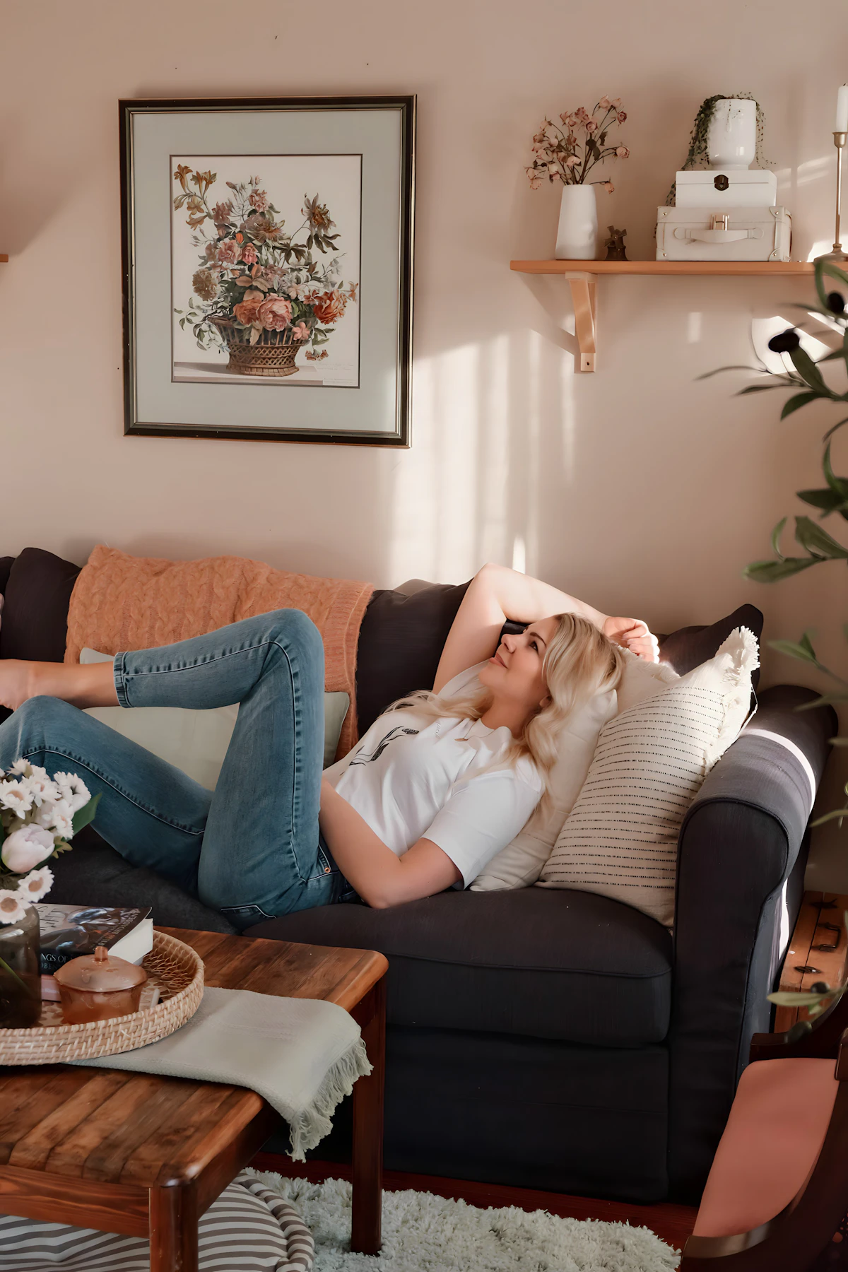 A woman resting on a sofa in a bright living room