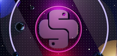 A stylized Python logo appears in the center surrounded by a circular border. The background features a dark, space-like theme with small dots resembling stars scattered across. Spheres with reflective surfaces float around the main logo, creating a futuristic and dynamic effect.