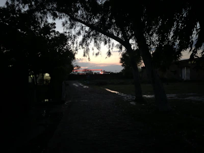 Twilight settles over the rolling hills, with lanterns faintly glowing along the path