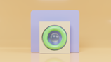 A minimalist composition featuring geometric shapes with a pastel color palette. In the foreground is a square structure with a circular, green-bordered element resembling a speaker or lens. The backdrop consists of a soft purple rectangle set against a warm beige background.