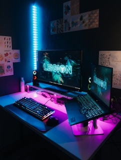 a desk with a keyboard and a monitor