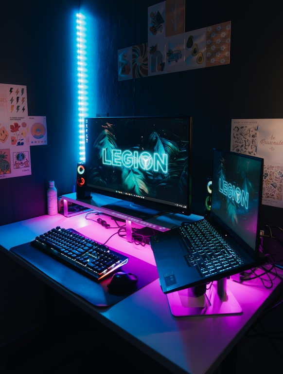 a desk with a keyboard and a monitor