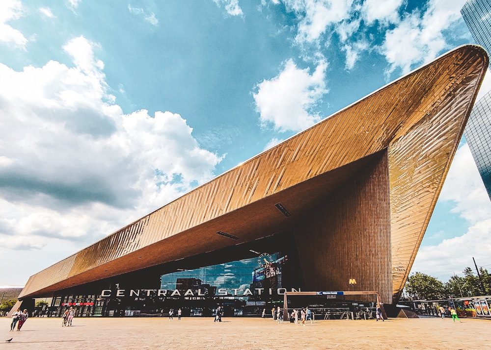 a large wooden structure with a sky background