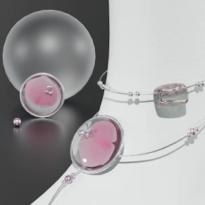 Shiny semi-jewels and delicate accessories arranged artistically on a pastel fabric background