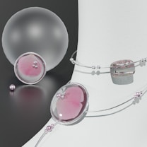 A composition of elegant jewelry pieces featuring pastel pinks and silver tones. Delicate strings of pearls and beads are artfully arranged around smooth, translucent orbs and geometric shapes, reflecting light on a neutral background.