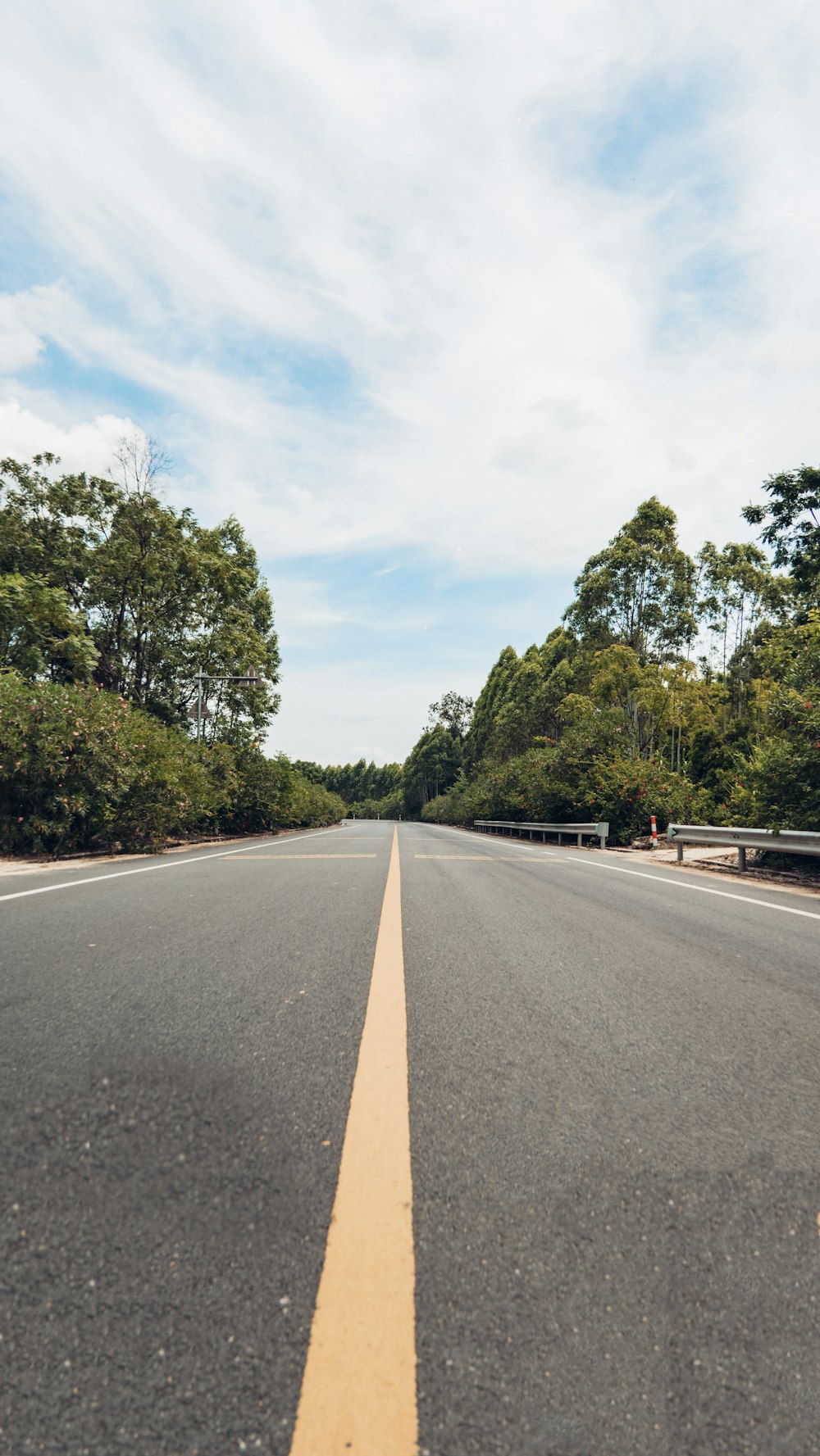 an empty road with trees in the background