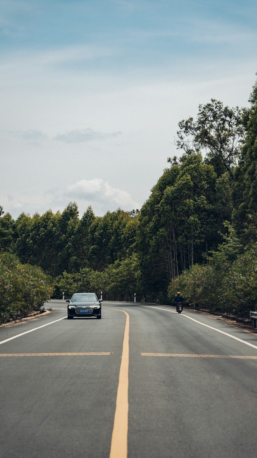 a car driving down a road surrounded by trees