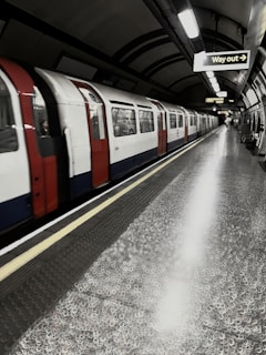 A subway train moves swiftly through an underground station, with a 'Way out' sign overhead directing towards the exit. The platform displays a textured pattern, and the blurred motion of the train suggests speed. The tunnel's curved ceiling is lined with lights that emphasize the depth of the station.
