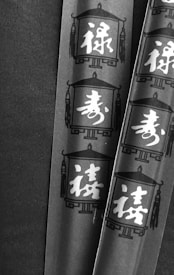 Black and white image featuring a series of paper panels with traditional Asian lantern illustrations and large Chinese characters. The designs are repetitive and arranged vertically.