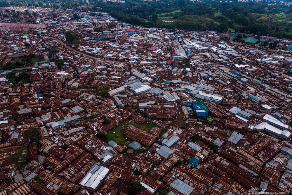 an aerial view of a city with lots of buildings