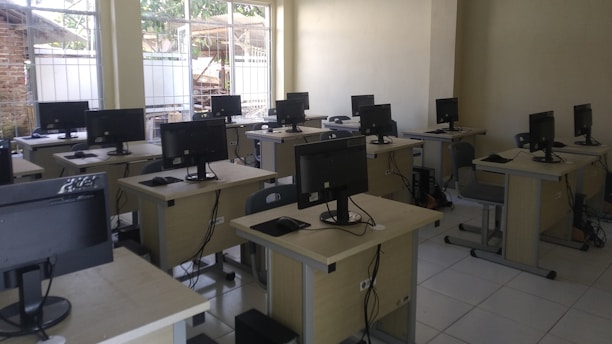 A warm classroom setting with a computer and enthusiastic students learning basics of informatics.