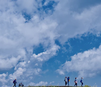 Young pilgrims walking along a forest trail under a bright blue sky.