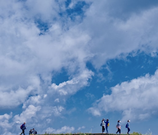 A group of friends walking along a serene lakeside trail in Brittany under a bright blue sky.
