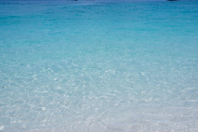 Clear turquoise water gently laps against a sandy beach, with the sunlight creating mesmerizing patterns on the ocean's surface.