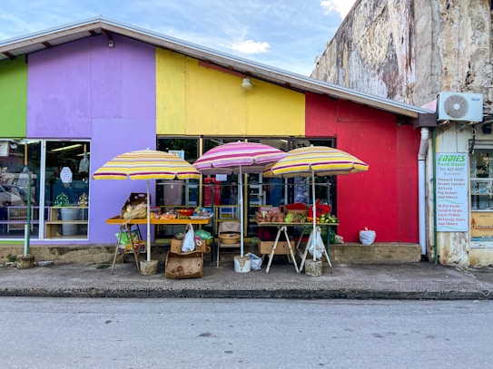 A colorful market stall is set against a brightly painted building, featuring hues of purple, yellow, and red. Underneath striped umbrellas, various fruits and vegetables are displayed on tables and in baskets. A small sign is visible on the right with contact information and a list of available products. The scene is vibrant and lively, suggesting an active local marketplace.