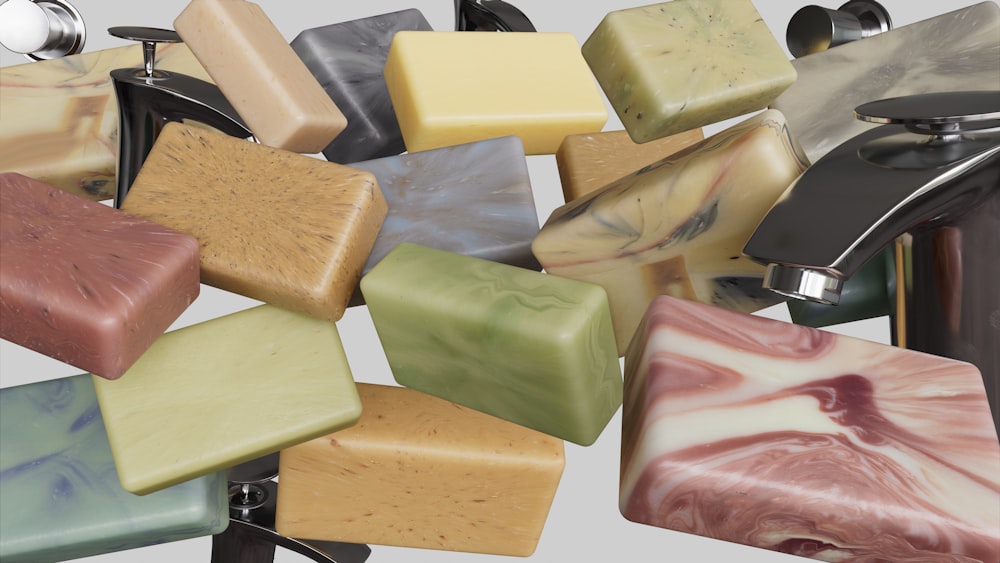 a bunch of soaps sitting on top of each other
