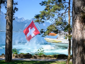 a boat in the water with a flag flying from it