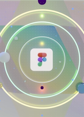 A graphic design with circular elements creating a hypnotic pattern. The central focus is a logo consisting of overlapping colored shapes, surrounded by concentric circles with gradients. The background features a subtle grid pattern with soft lighting effects.