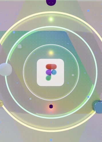 A graphic design with circular elements creating a hypnotic pattern. The central focus is a logo consisting of overlapping colored shapes, surrounded by concentric circles with gradients. The background features a subtle grid pattern with soft lighting effects.