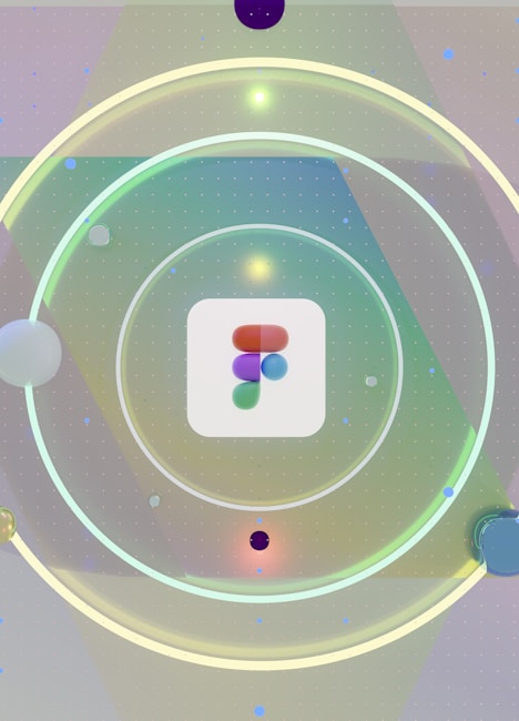 A graphic design with circular elements creating a hypnotic pattern. The central focus is a logo consisting of overlapping colored shapes, surrounded by concentric circles with gradients. The background features a subtle grid pattern with soft lighting effects.