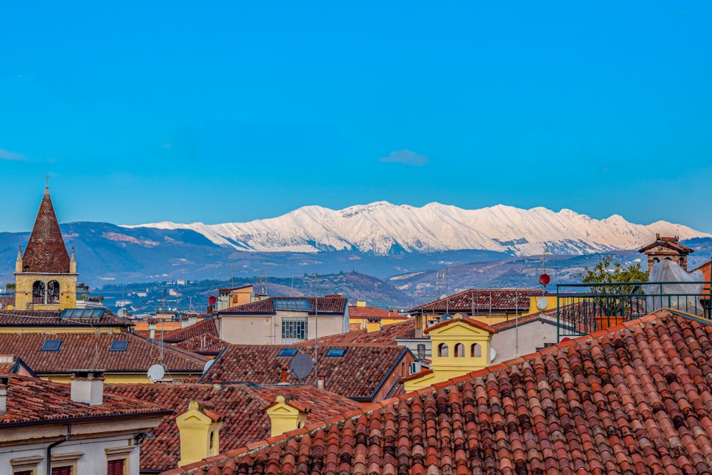 a view of a city with mountains in the background