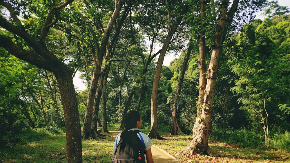 a person with a backpack walking through a forest